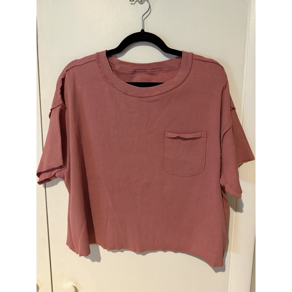 Shein T Shirt Womens Small Crop Top Solid Rib-Knit Oversized Top Pink Boxy Tee
